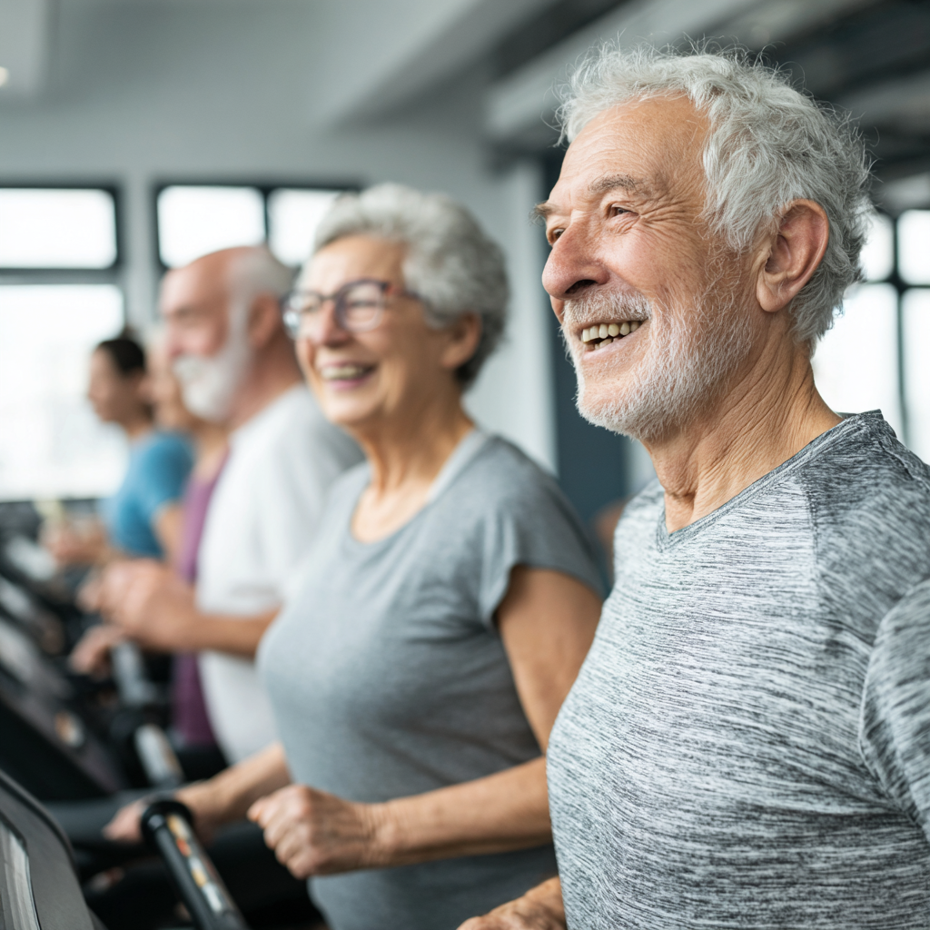 Усмихнати европейски хора на средна възраст по време на групова фитнес тренировка в модерна зала, реалистичен стил