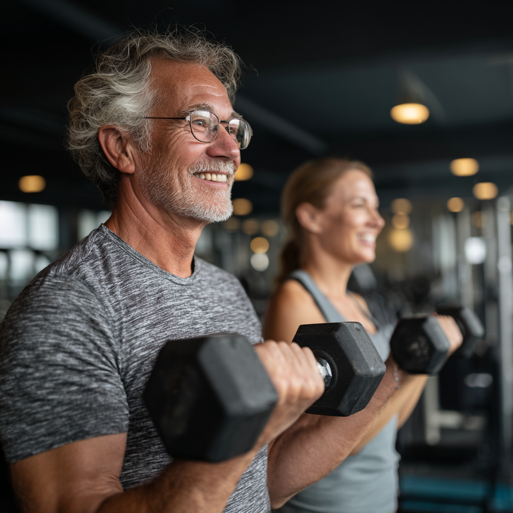 Група от усмихнати европейски възрастни хора правят упражнения с тежести в съвременна фитнес зала, реалистичен стил