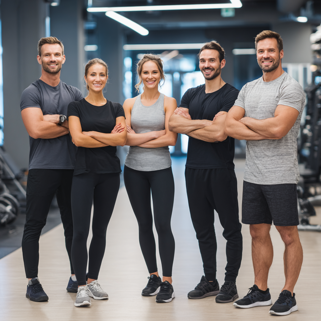 Професионален треньор от европейски произход показва упражнения на усмихната група хора в модерна фитнес зала, реалистичен стил