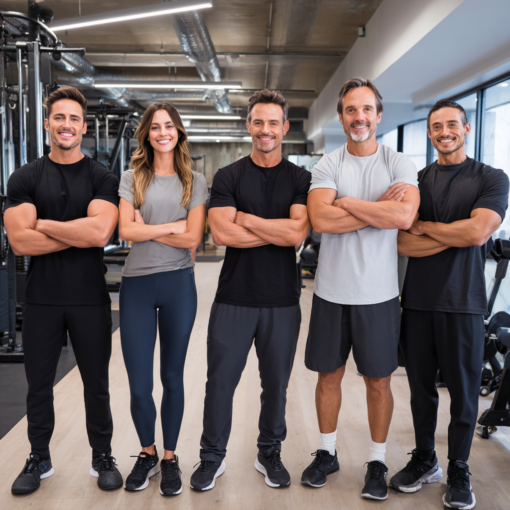 Европейска група хора от различни възрасти празнуват успешна тренировка с усмивки в съвременен фитнес център, реалистичен стил